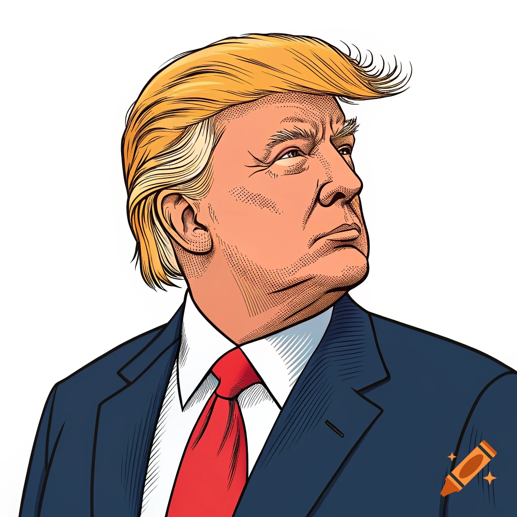 Pop art style illustration portrait of Donald Trump in a suit and red tie.