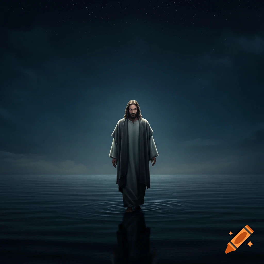 Photorealistic depiction of Jesus walking on dark water under a starry sky.