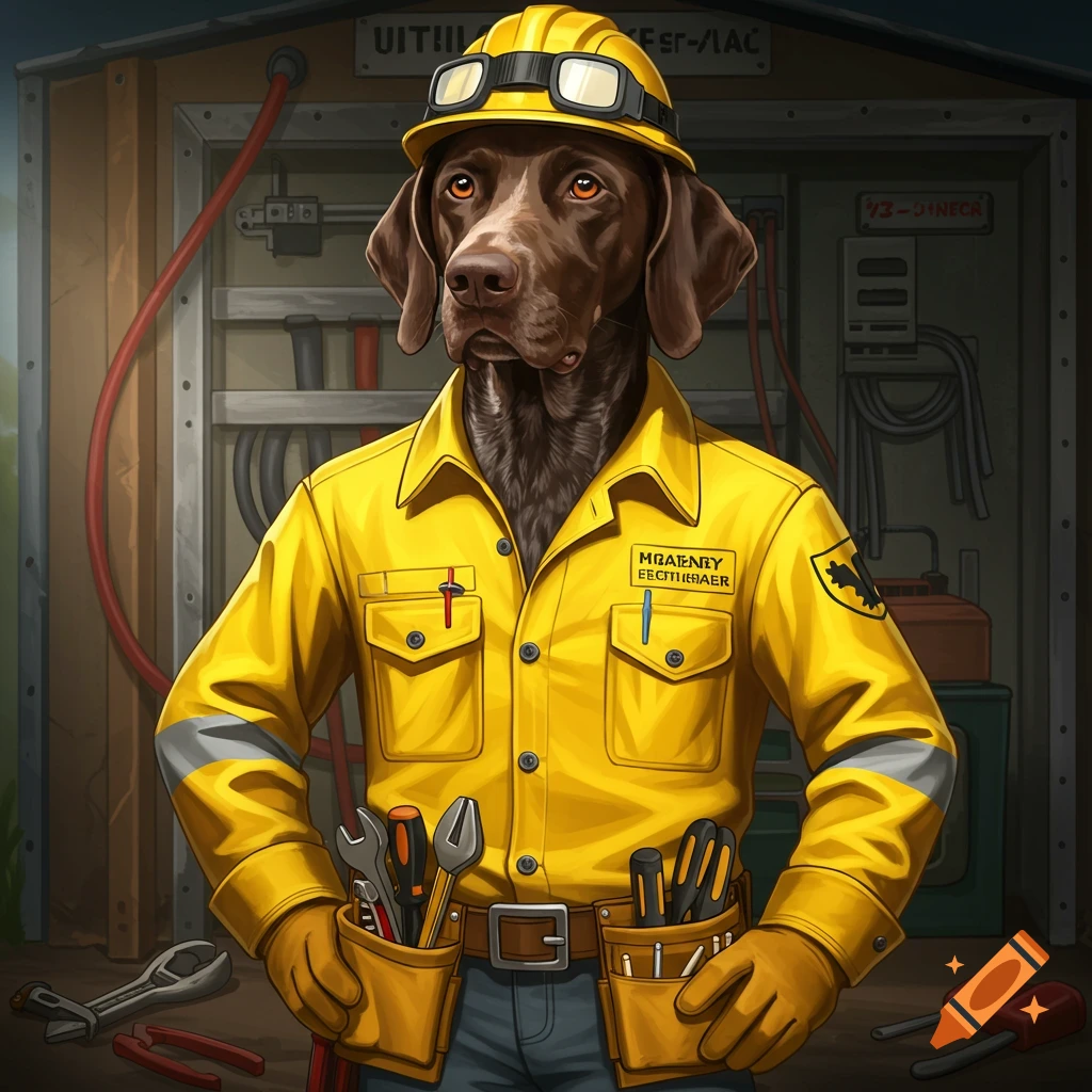A German shorthaired pointer dressed as an electrician wearing a hard hat and tool belt, standing in front of an electrical panel.