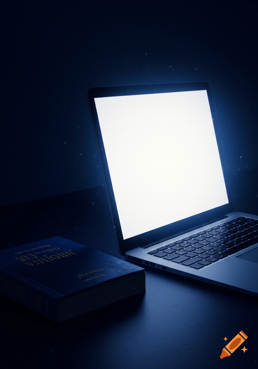 Stylized image of a laptop with a bright screen next to a dark book in a dim setting.