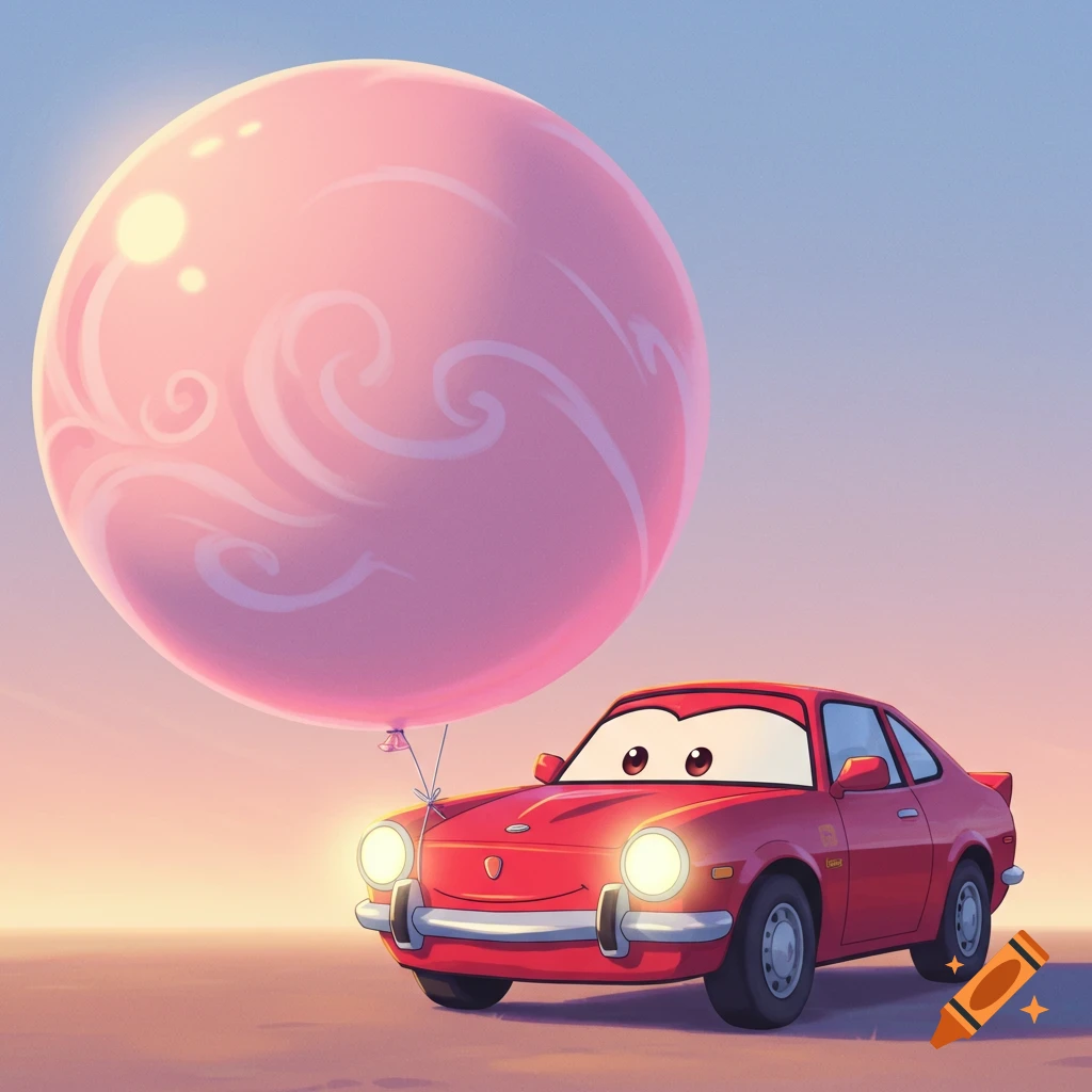 A red cartoon car with a smiley face holds a large pink balloon against a sunset sky.