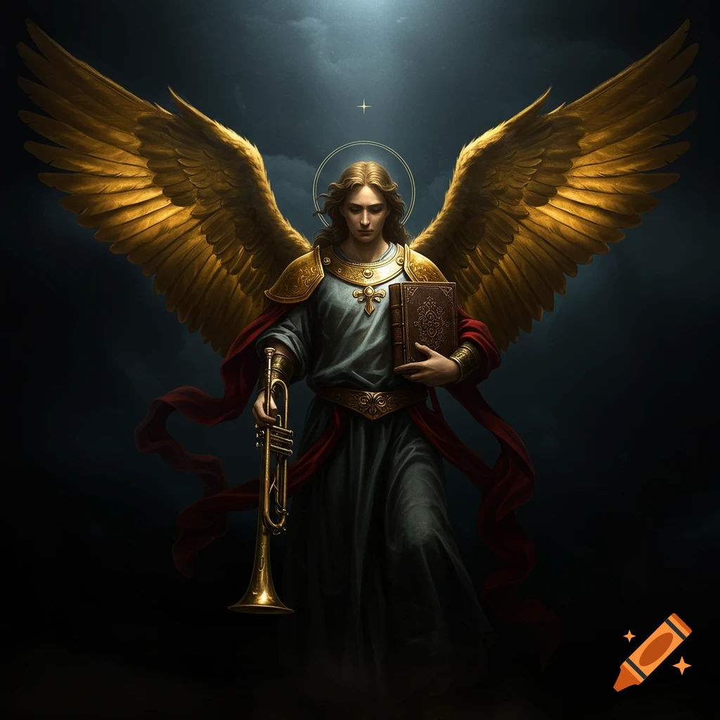 An archangel with large golden wings stands holding a trumpet and a book.