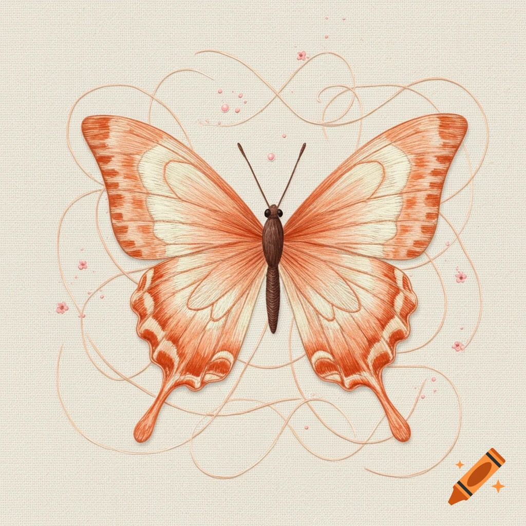 A detailed illustration of a peach and cream embroidered butterfly with swirling threads on a light background.