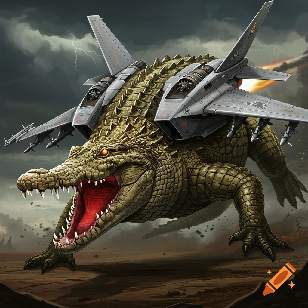 A fierce crocodile with fighter jet wings and engines attached to its back charges forward under a stormy sky.