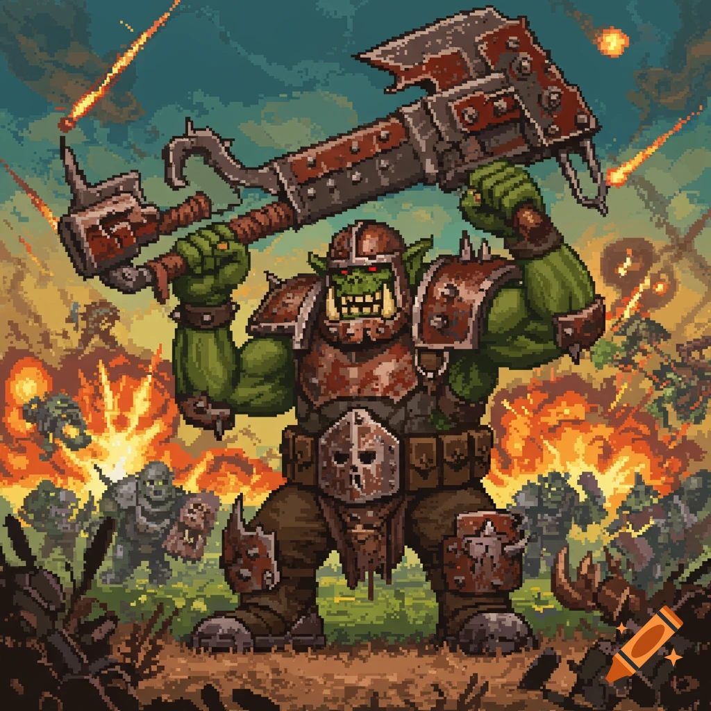 Pixel art of an Ork warrior in battle holding a large axe-hammer.