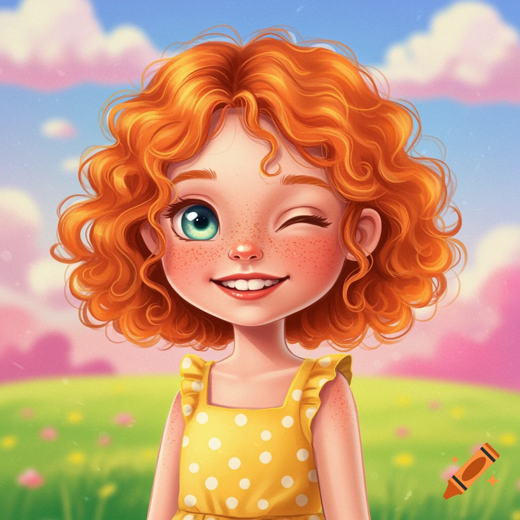 Cartoon illustration of a smiling redhead girl winking in a field.