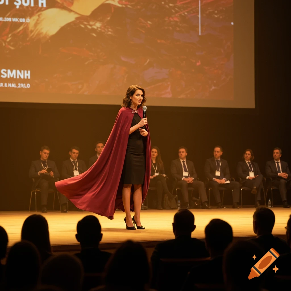A woman in a red cape speaks on a stage with a microphone, in front of an audience and a large screen.