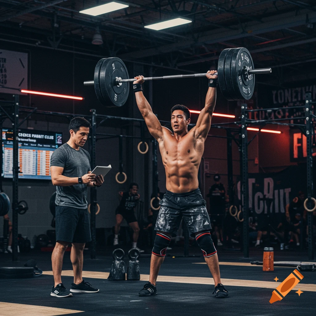 Photorealistic image of a man lifting a barbell overhead in a gym, watched by a trainer.
