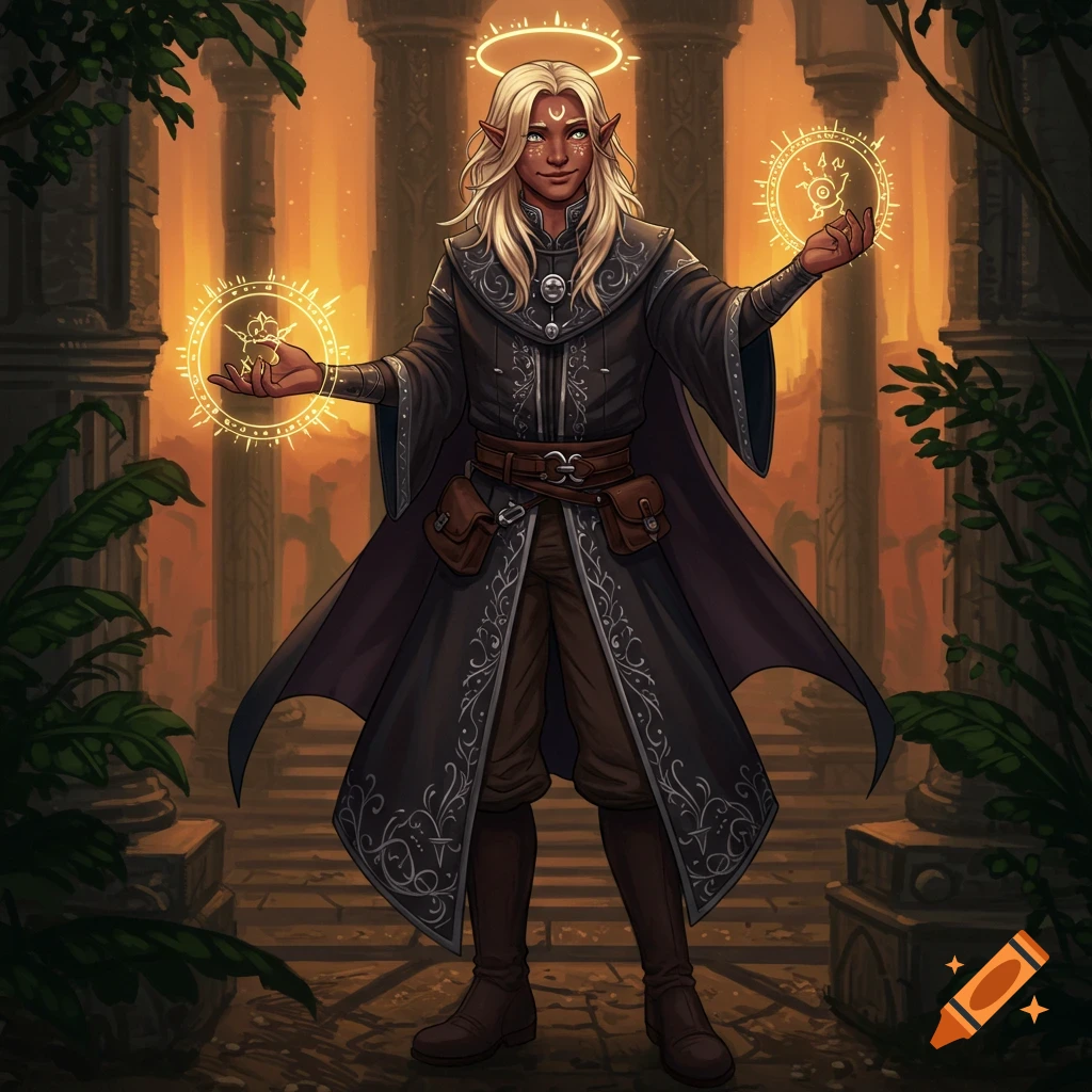 A fantasy character, a blonde-haired elf with a halo, stands in ancient ruins casting spells from glowing orbs in their hands.