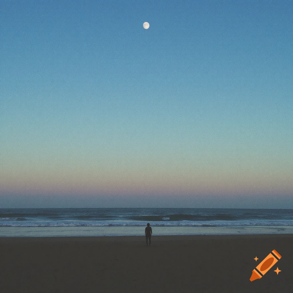 A person stands on a beach facing the sea and looking up at a bright moon in the sky.