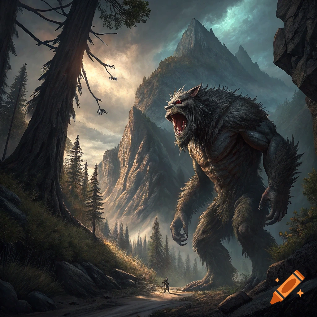 A giant, roaring werewolf monster looms over a small human figure on a path in a dark, mountainous forest.
