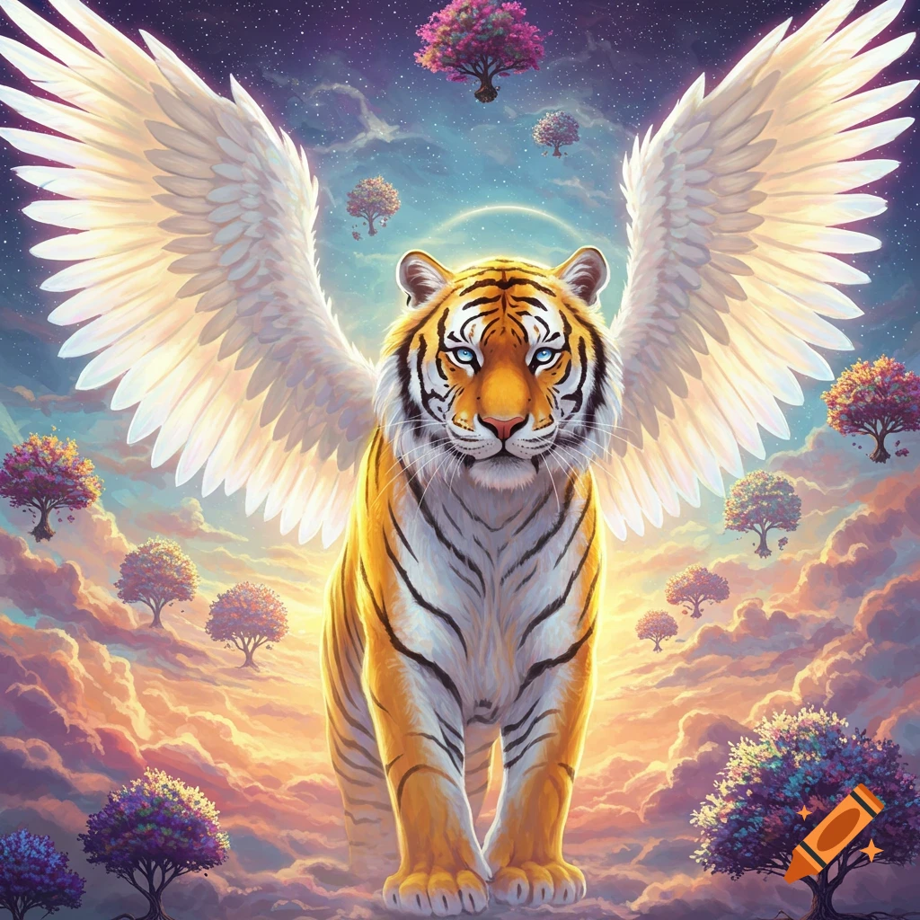 A winged tiger stands among clouds and floating trees in a fantasy sky.