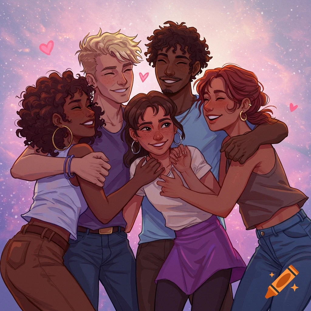 Illustration of a diverse group of happy friends hugging under a starry sky.