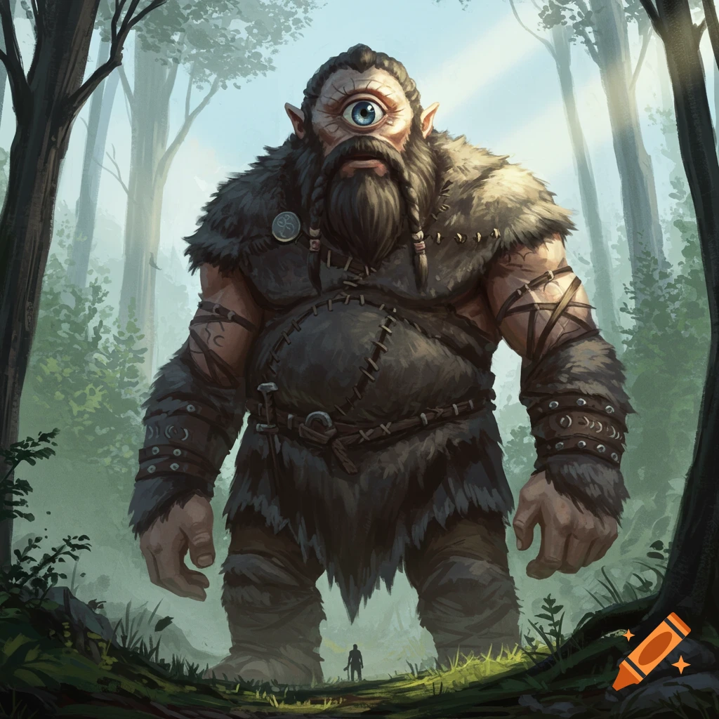 An illustration of a giant cyclops standing in a forest, towering over a small human figure.