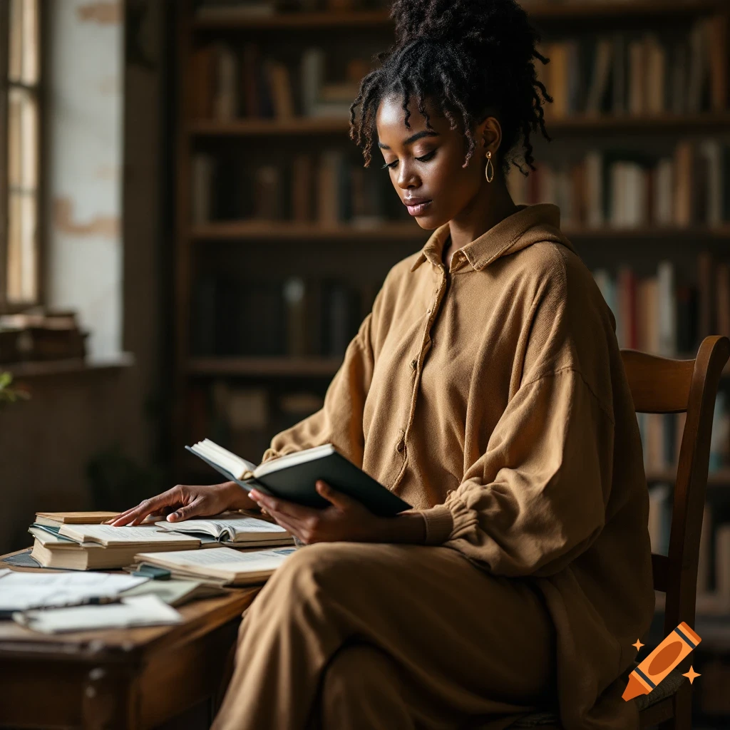 Photorealistic image of a woman reading a book in a library.