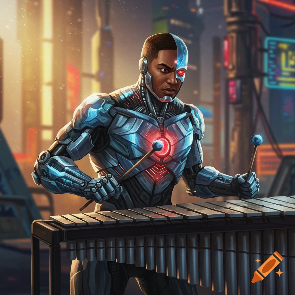 Cyborg character playing a vibraphone in a city setting.