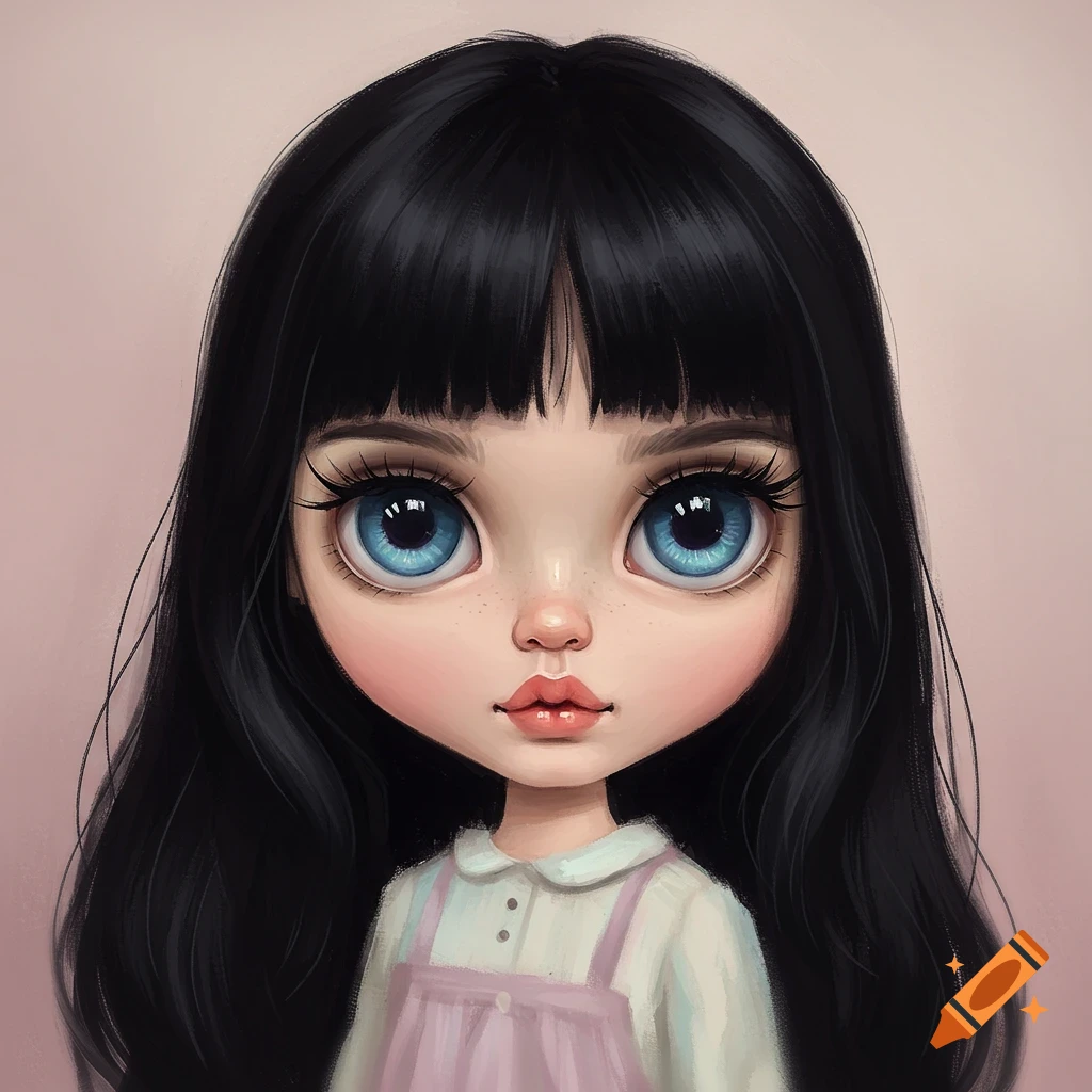 Portrait of a Blythe-style doll with black hair and blue eyes.