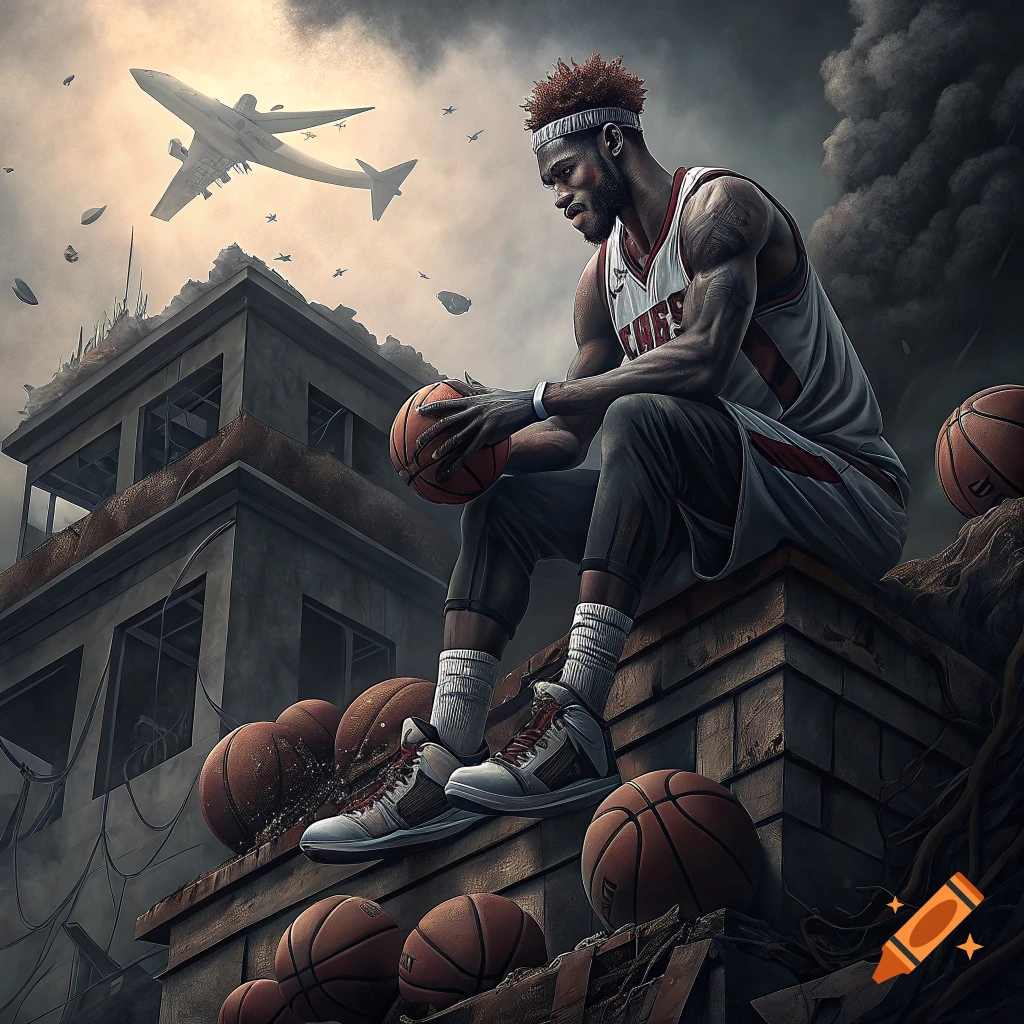 A basketball player sits on a ruined building surrounded by basketballs as a plane crashes in the distance.