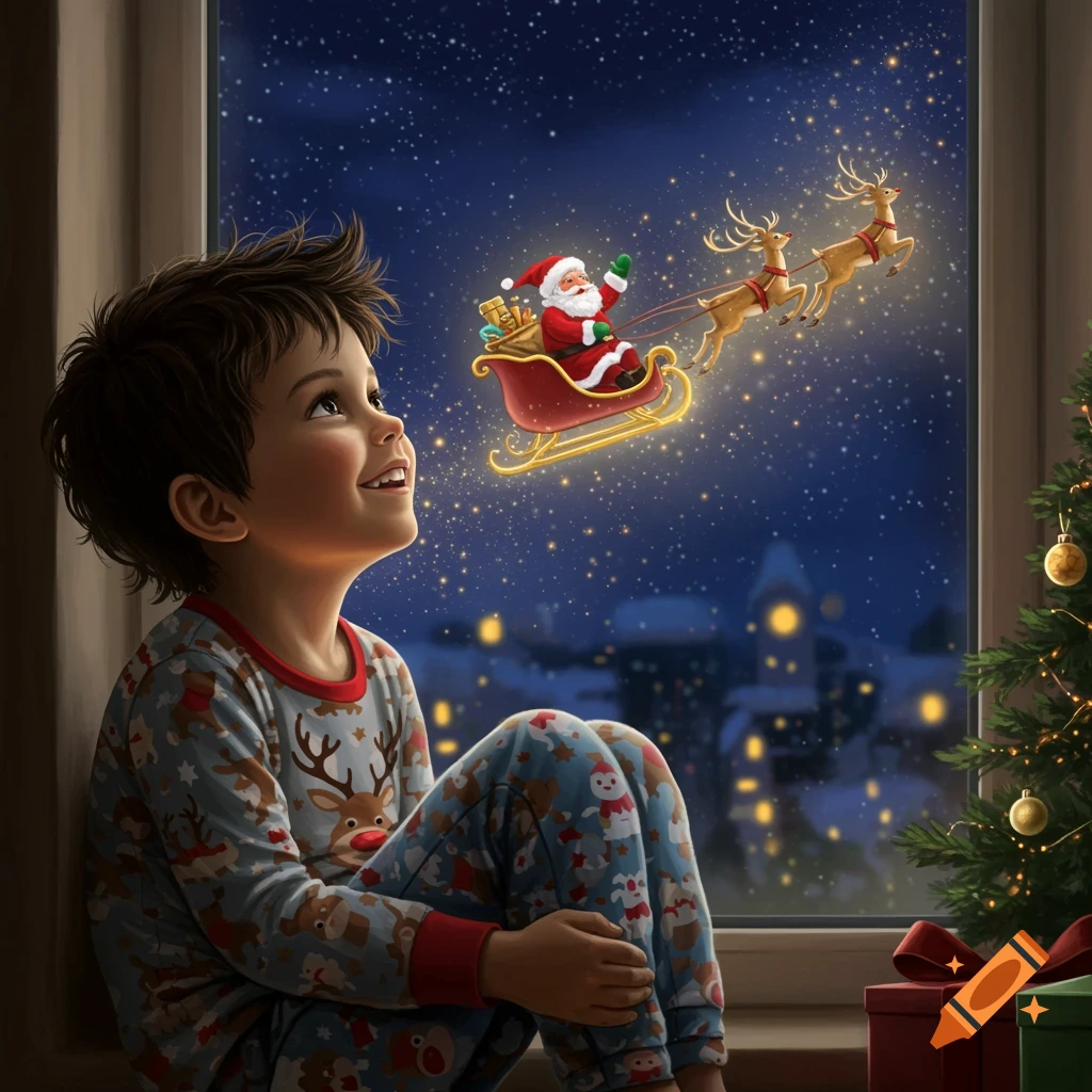 A young boy in pajamas looks out a window at Santa Claus flying in his sleigh in a starry night sky.