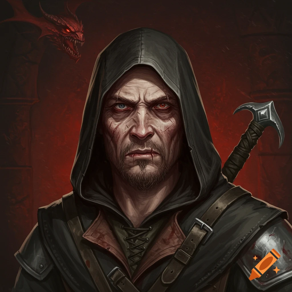 Fantasy portrait of a hooded rogue with scars and different colored eyes, with a red dragon in the background.