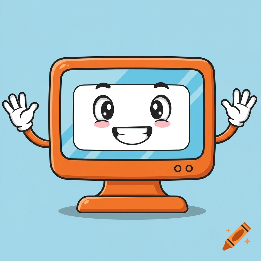 Cartoon computer character waving hands on a blue background