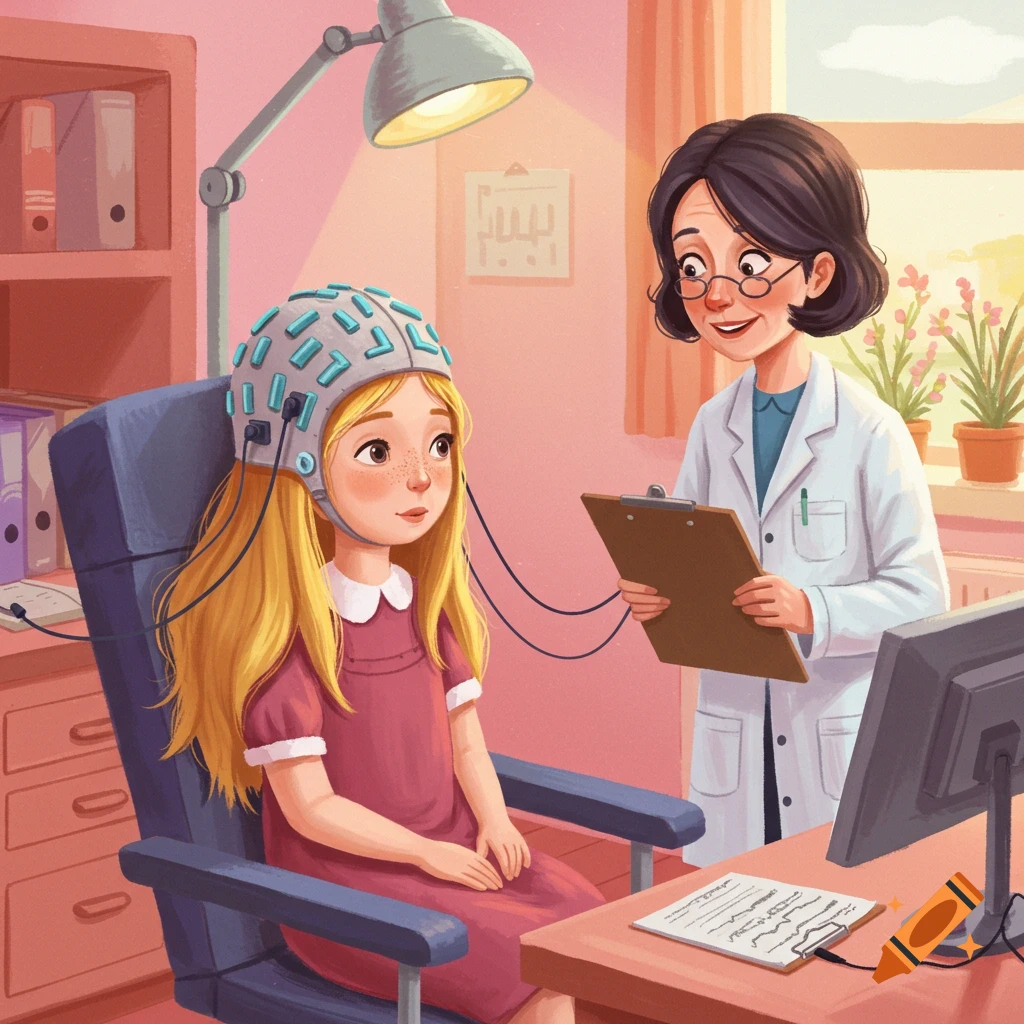 Illustration of a young girl wearing an EEG cap in a doctor's office, with a smiling doctor looking at a clipboard.