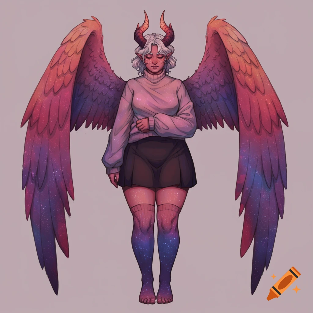 A fantasy character with horns, large rainbow-colored wings, white hair, sweater, skirt, and cosmic socks.