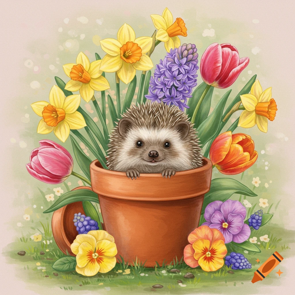 Illustration of a cute hedgehog popping out of a flowerpot surrounded by spring flowers.