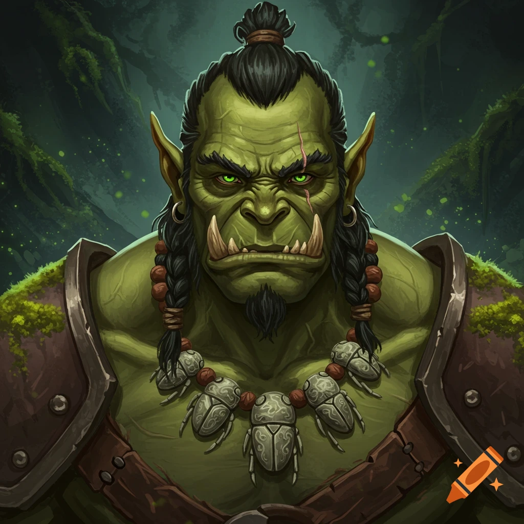 Portrait of a green fantasy orc character with tusks, scars, braided hair, and a necklace of stone beetles.