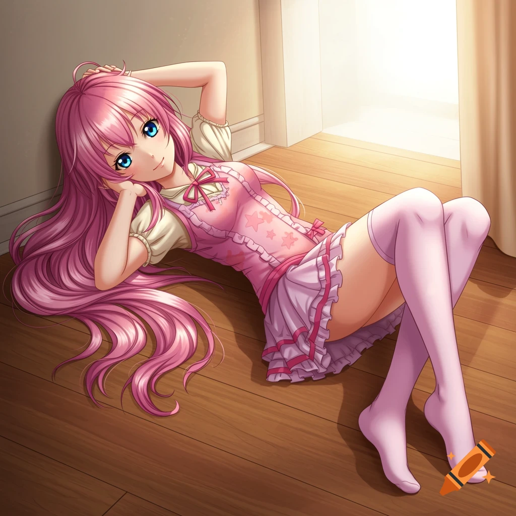 Anime girl with pink hair lying on a wooden floor in a pink dress and stockings.