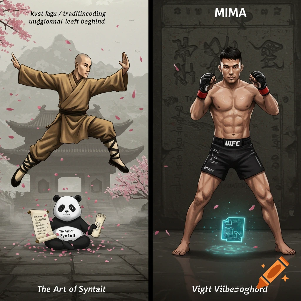 Illustration split in half. Left side: Kung Fu master mid-jump, panda with scrolls, temple background. Right side: MMA fighter in fighting stance, background with text.