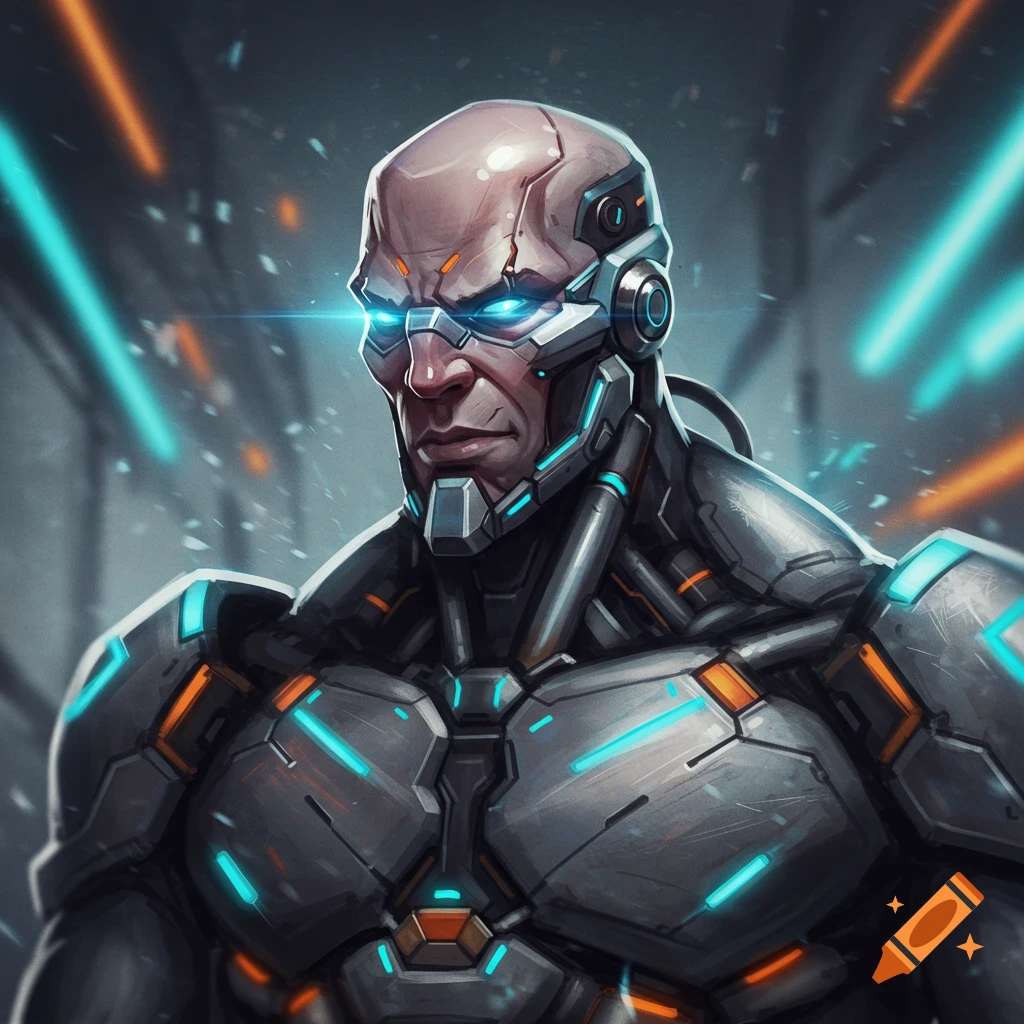 Close-up portrait of a male cyborg in detailed sci-fi armor with glowing blue lights.