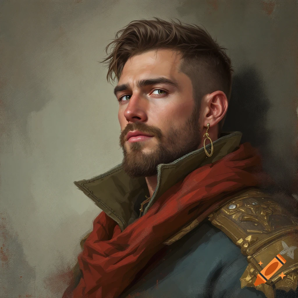 Portrait of a man with a beard, red scarf, and gold armor.