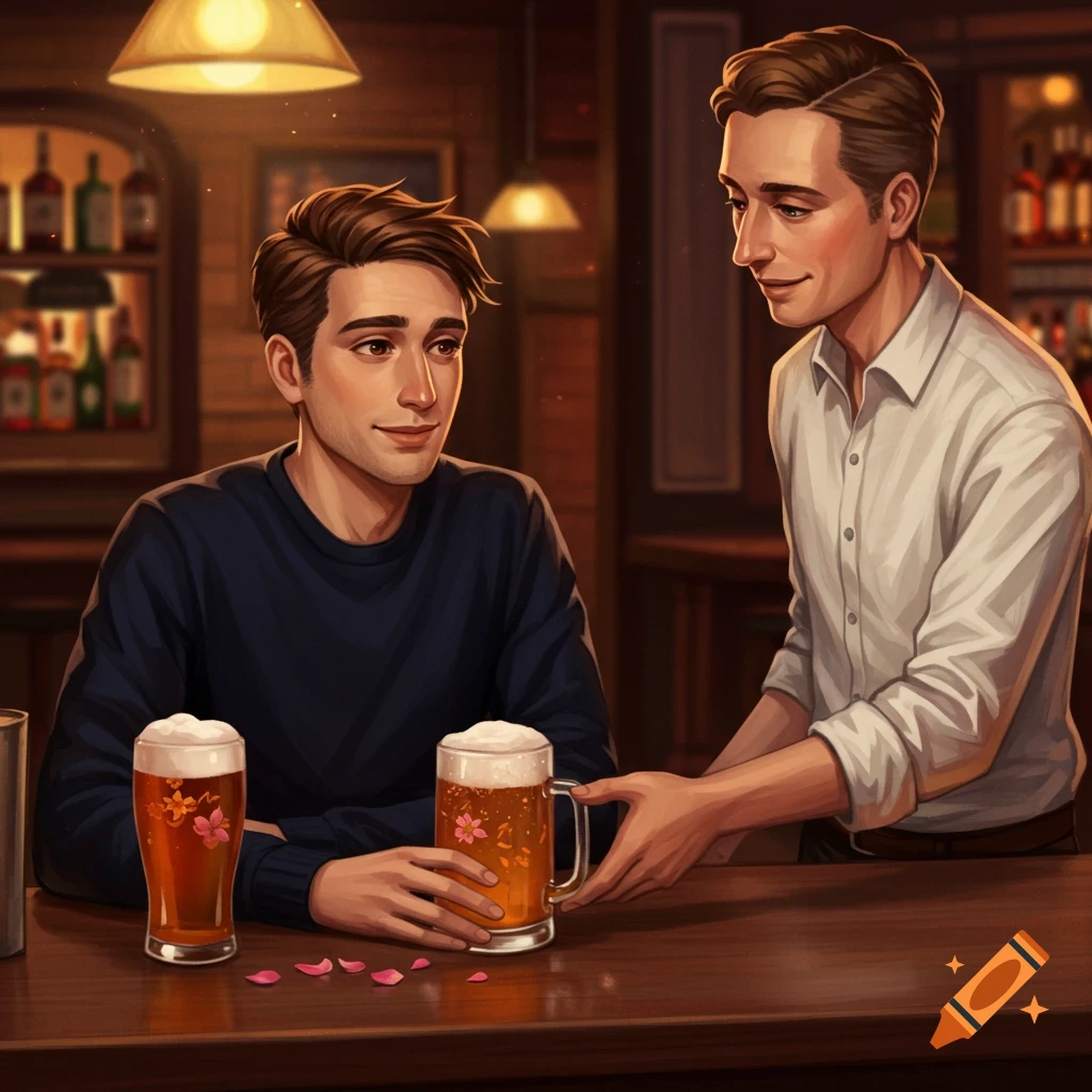 Illustration of a customer talking to a bartender at a bar, with two beers on the counter.