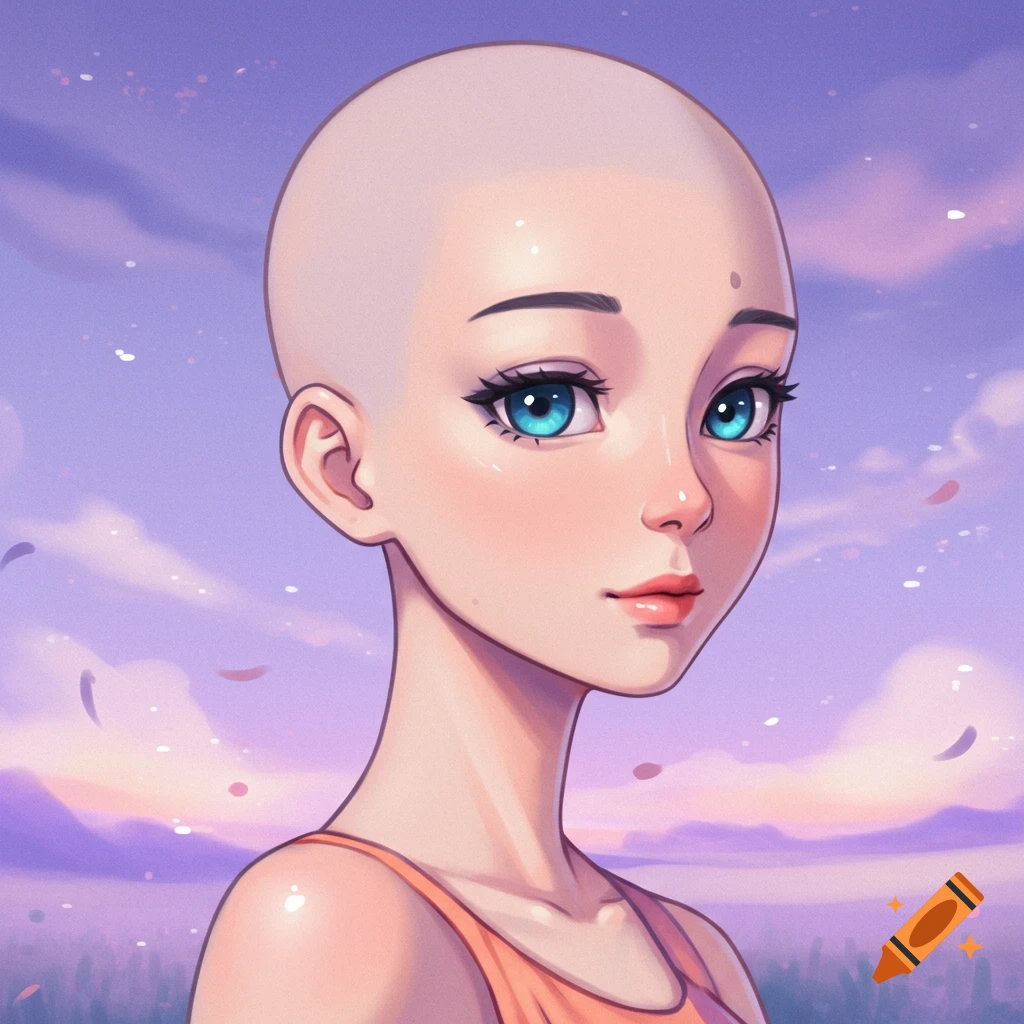 A bald anime girl looks forward against a purple sky with floating petals.