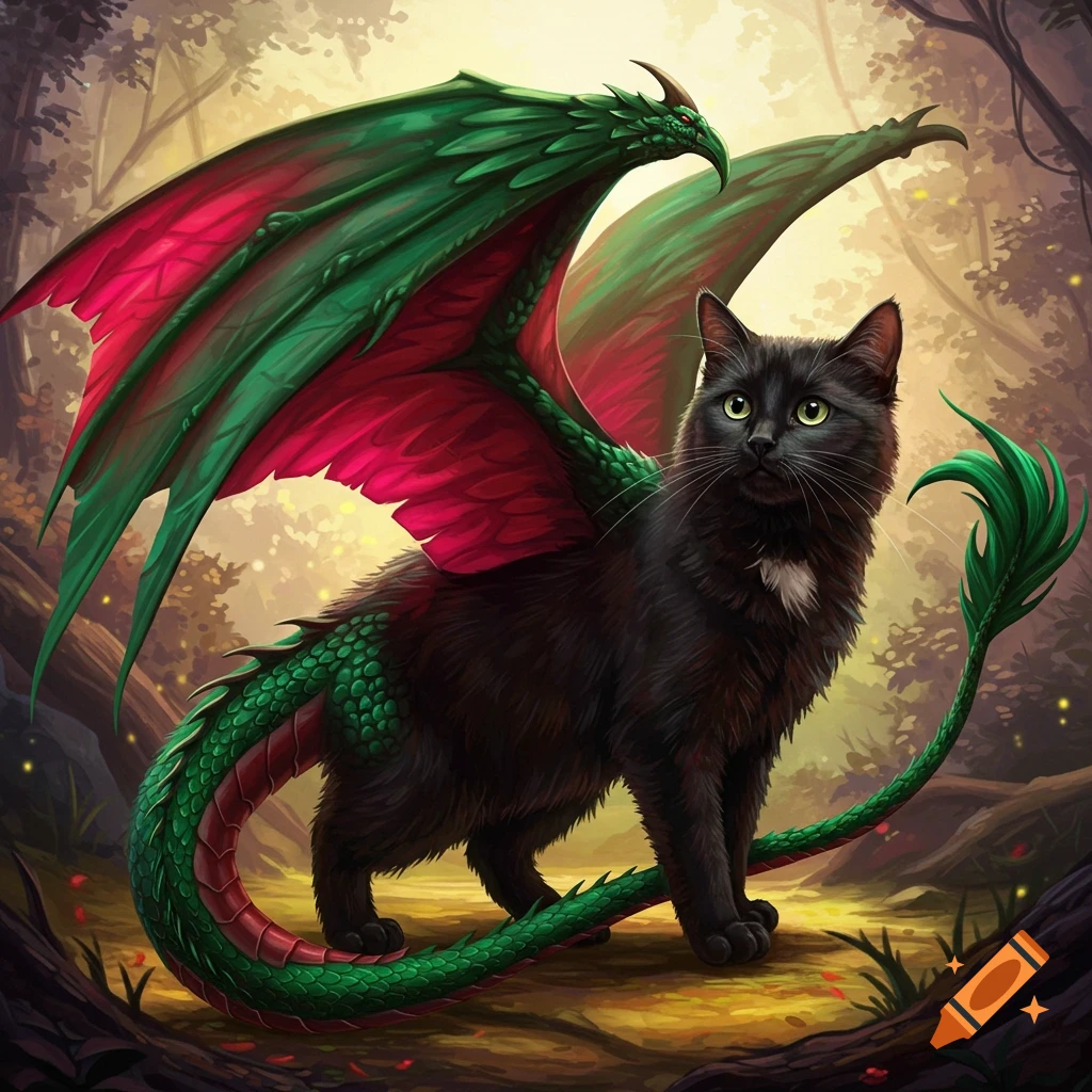 A black cat with green and red dragon wings and tail stands in a fantasy forest clearing.