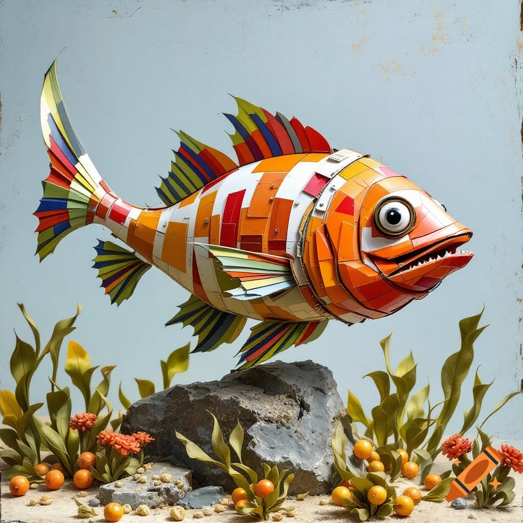 A colorful segmented fish sculpture swimming near plants and a rock.