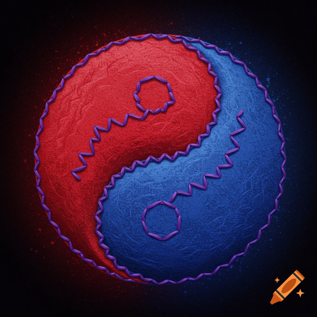 Stylized red and blue Yin-Yang symbol with purple zigzag stitching