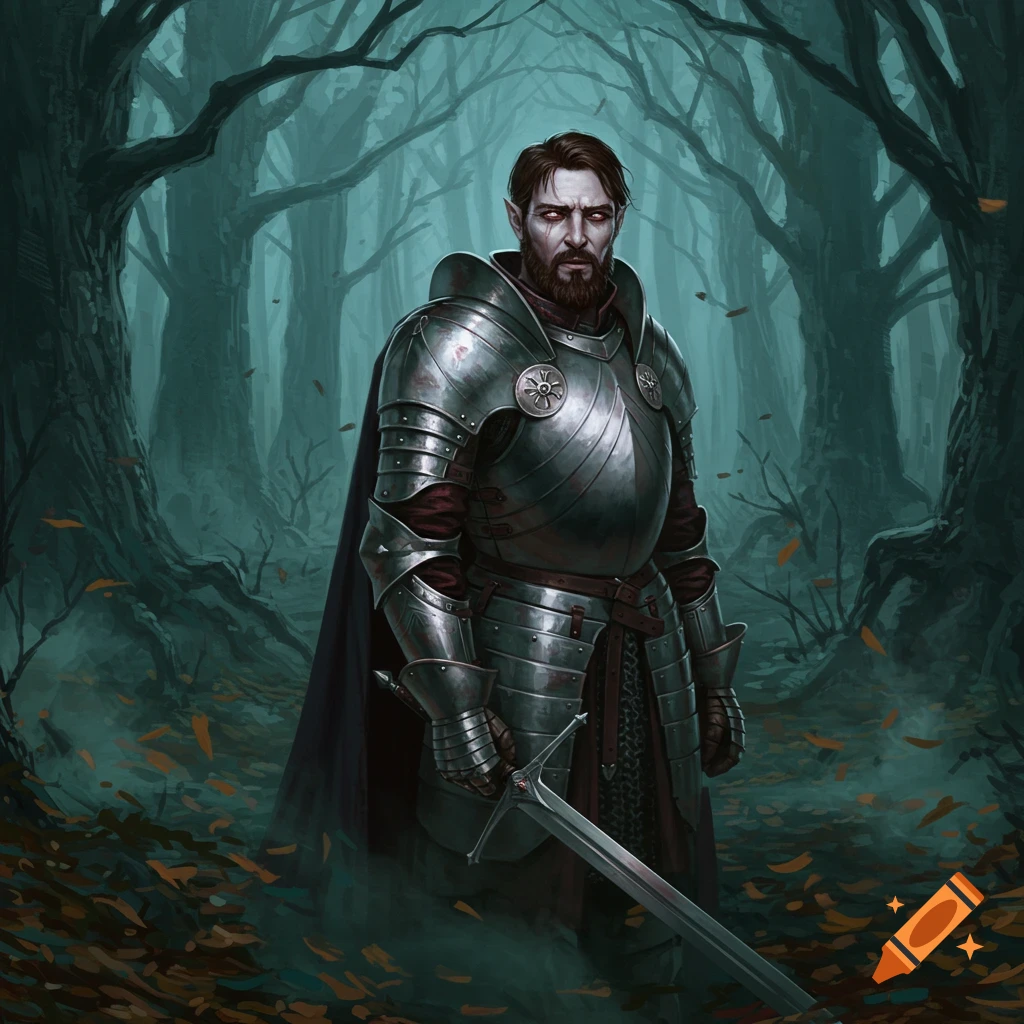 A paladin touched by vampirism stands in haunted woods, wearing silver armor and holding a sword.