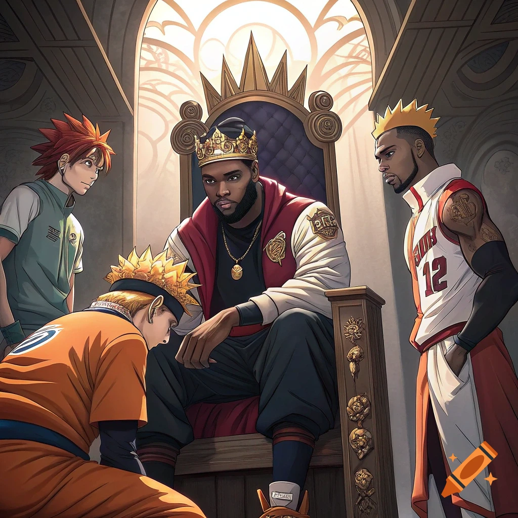 Anime style image of LeBron James on a throne with other characters bowing.