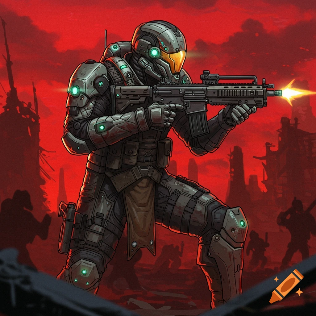 A futuristic soldier in armor aims a rifle in a stylized sci-fi warzone.
