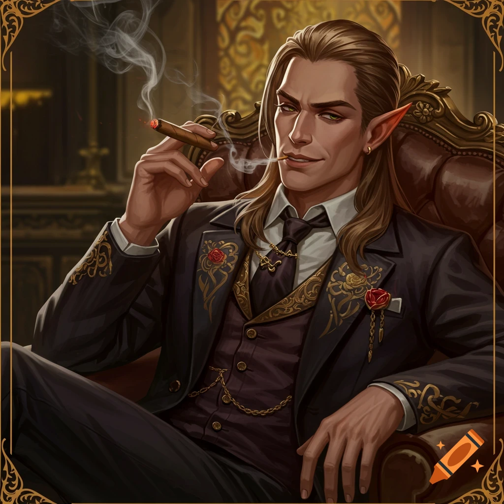 Portrait of a fantasy elf man in a suit smoking a cigar.