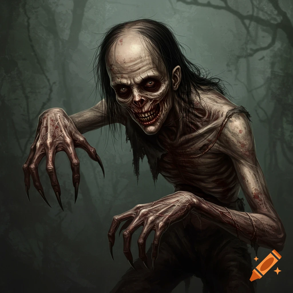 Uncanny creepy creature with stringy hair, bald spots, and long pointy fingers, in a dark forest.