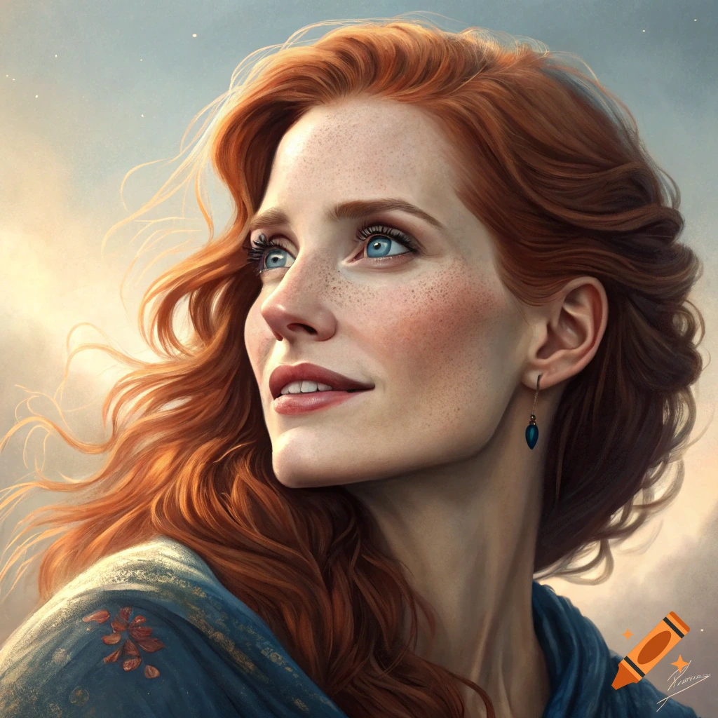 Portrait of a red-haired woman with blue eyes and freckles looking upwards, wearing a blue dress.