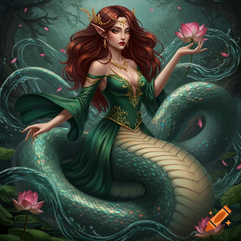 A woman with long red hair and a snake body sits in a forest surrounded by lotus flowers.