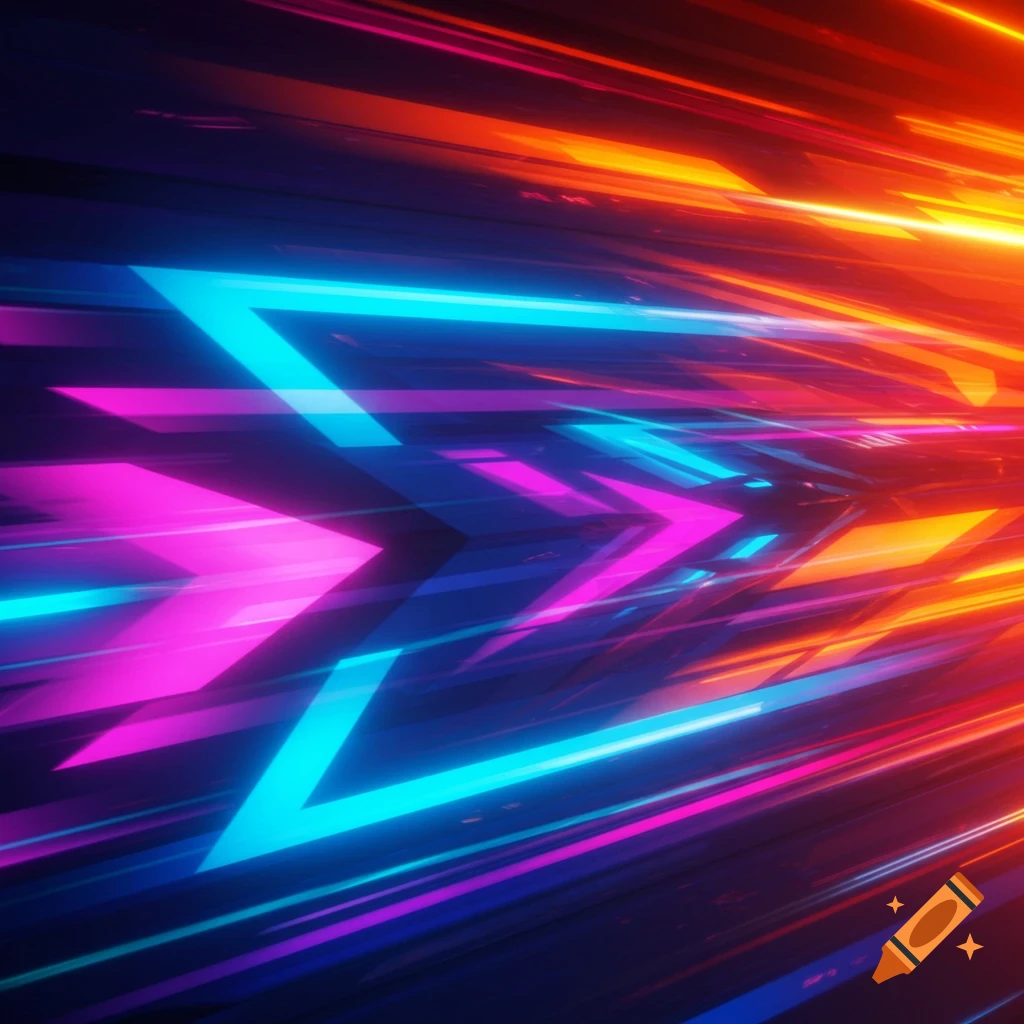 Abstract background with glowing neon lines and geometric shapes in blue, pink, and orange, suggesting speed or motion.