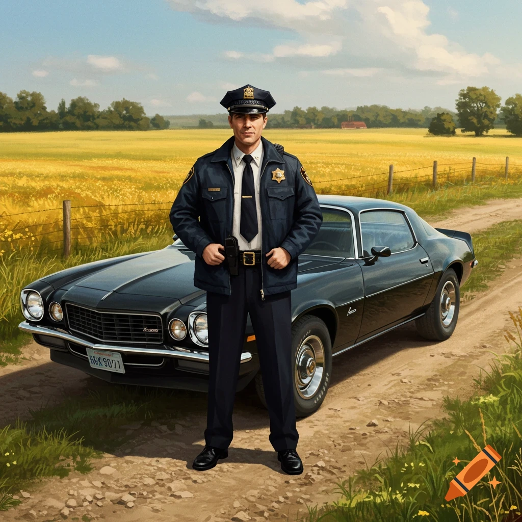 A police officer stands by a black Camaro on a dirt road in a field.