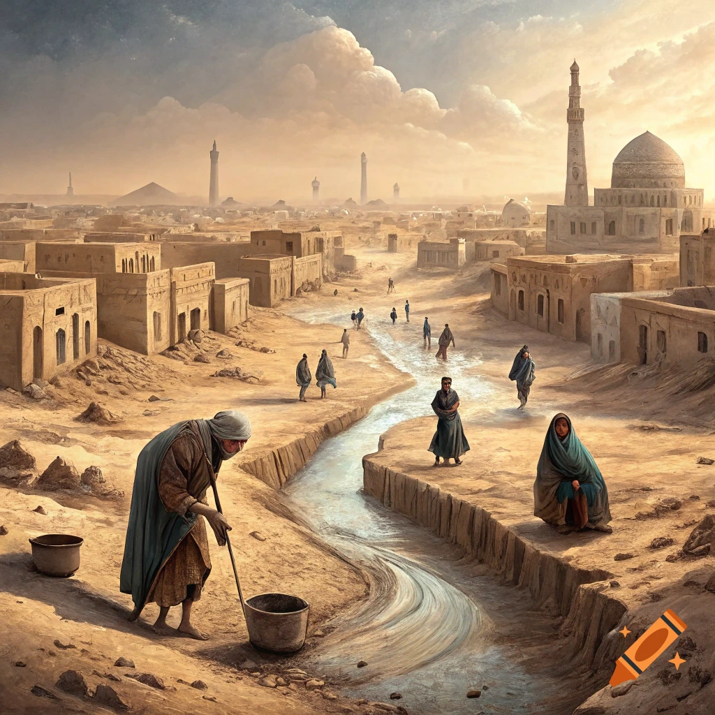 A desert city scene with people in traditional clothing gathered around a stream, a person scoops water from the stream, buildings and a mosque are in the background.