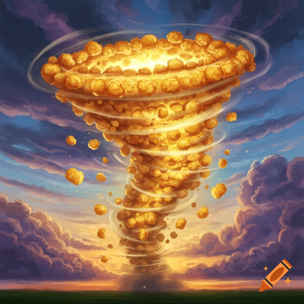 Tornado made of tater tots in a dramatic sky at sunset