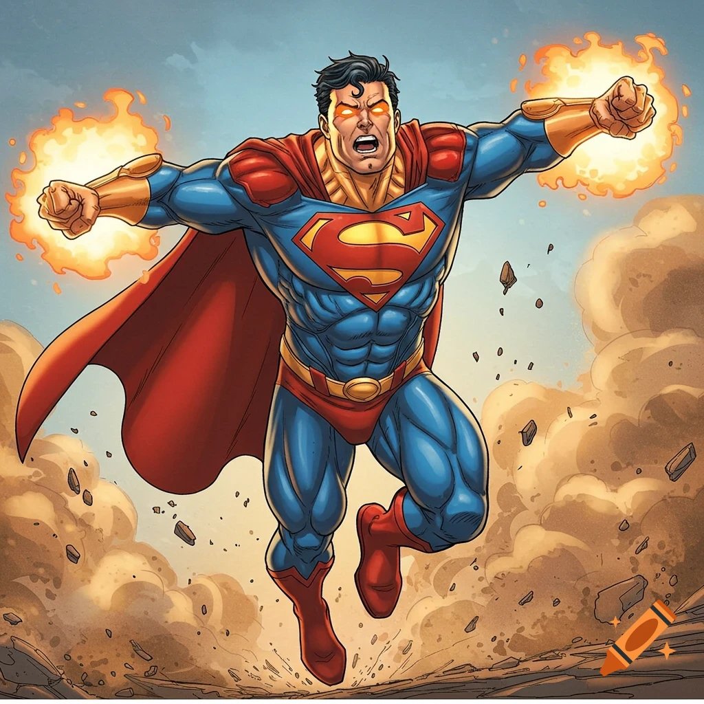 Superman flies forward in a dynamic pose, eyes glowing, fists surrounded by fire, amidst debris in a comic book art style.